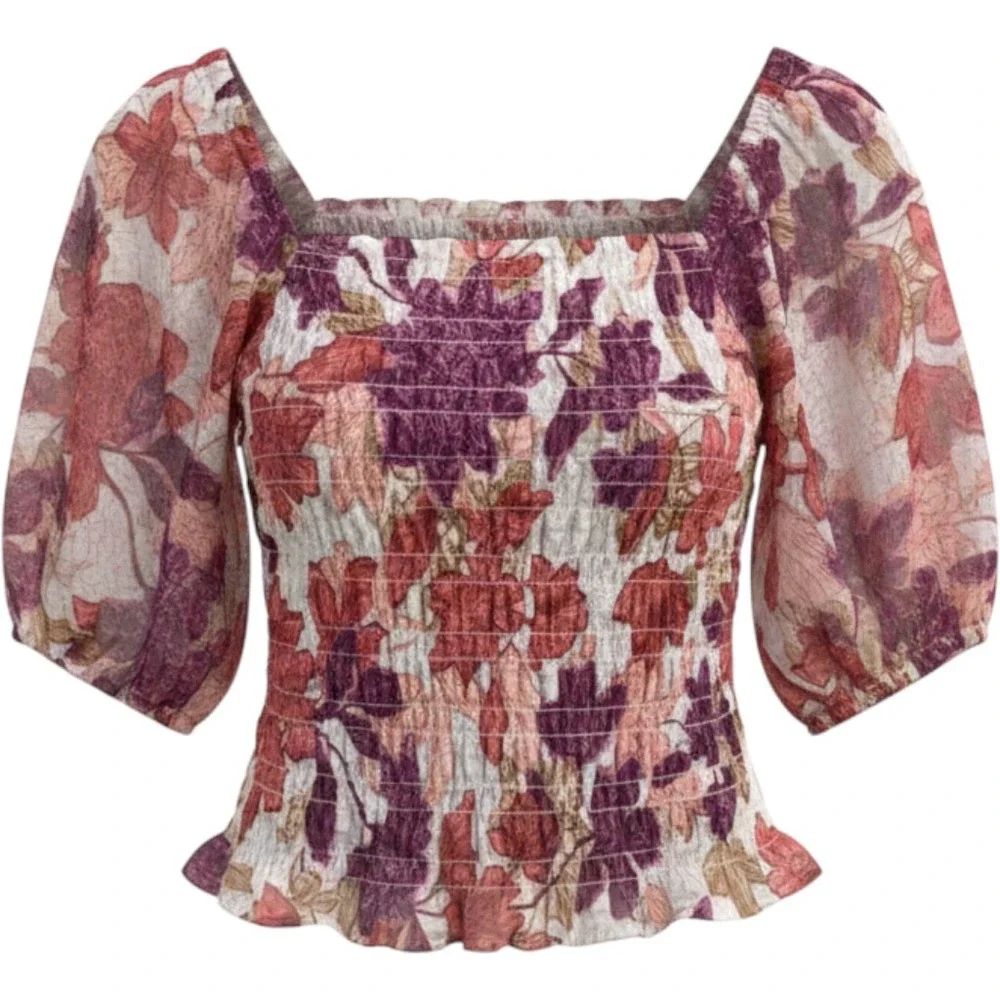 Old‎ Navy Floral Smocked Puff Sleeve Top XS Purple Rust Square Neck NWT